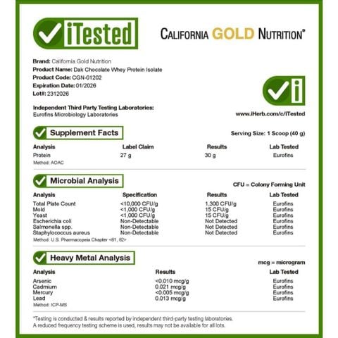  Whey Protein Isolate 100% không chất tạo ngọt nhân tạo  California Gold Nutrition :  gói chiết 