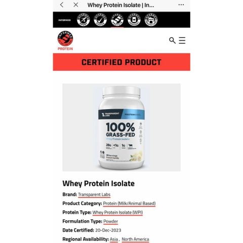  Whey protein số 1 thế giới 100% Grass-Fed Isolate Transparent Labs chứng nhận no amino-spiking : gói 34g 