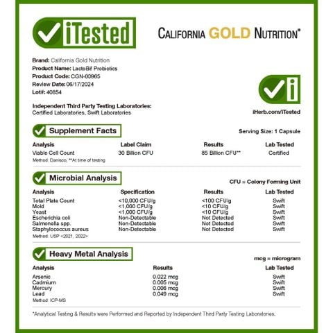  Men vi sinh 30 tỷ lợi khuẩn không cần bảo quản tủ lạnh: Probiotics California Gold Nutrition Lactobif : Hộp 60 viên 