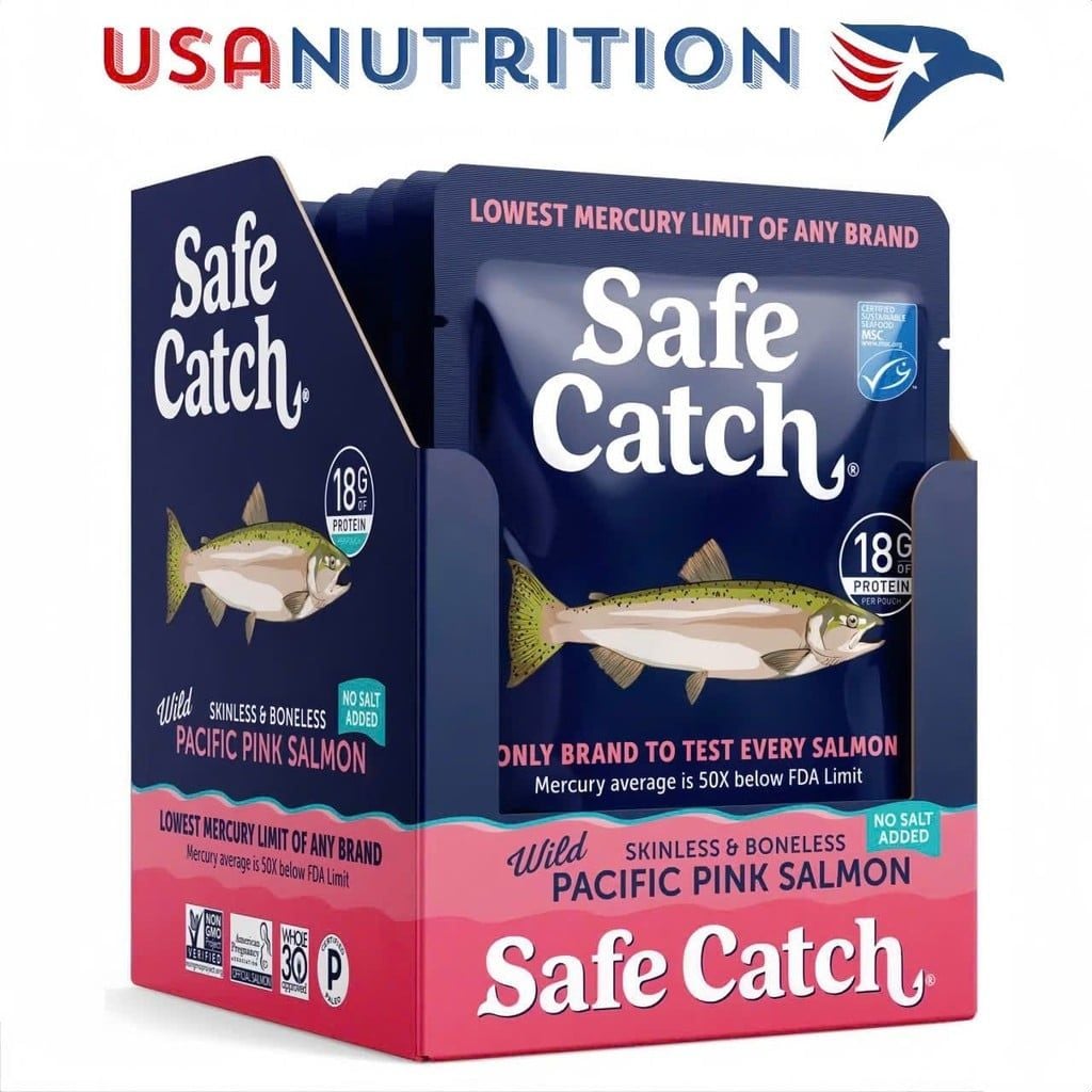 Cá hồi thủy ngân thấp Pink Salmon: Safe Catch hộp 12 gói