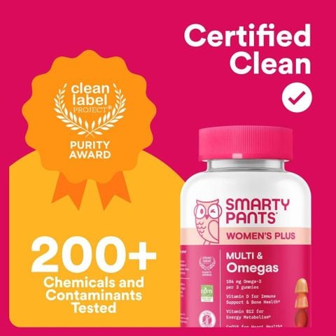  Kẹo dẻo vitamin cao cấp cho nữ SmartyPants Women's Plus Multi + Omegas : chứng nhận Clean Label Project 