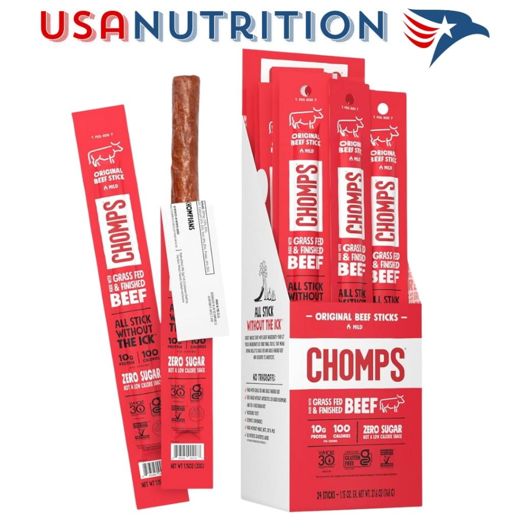 Khô bò que không đường Beef Jerky Snack Sticks 10g protein Chomps : hộp 24 thanh đủ vị