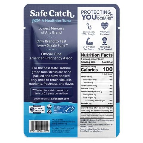  Cá ngừ hoang dã thủy ngân thấp Elite Wild Tuna: Safe Catch 1 gói lẻ 85g 