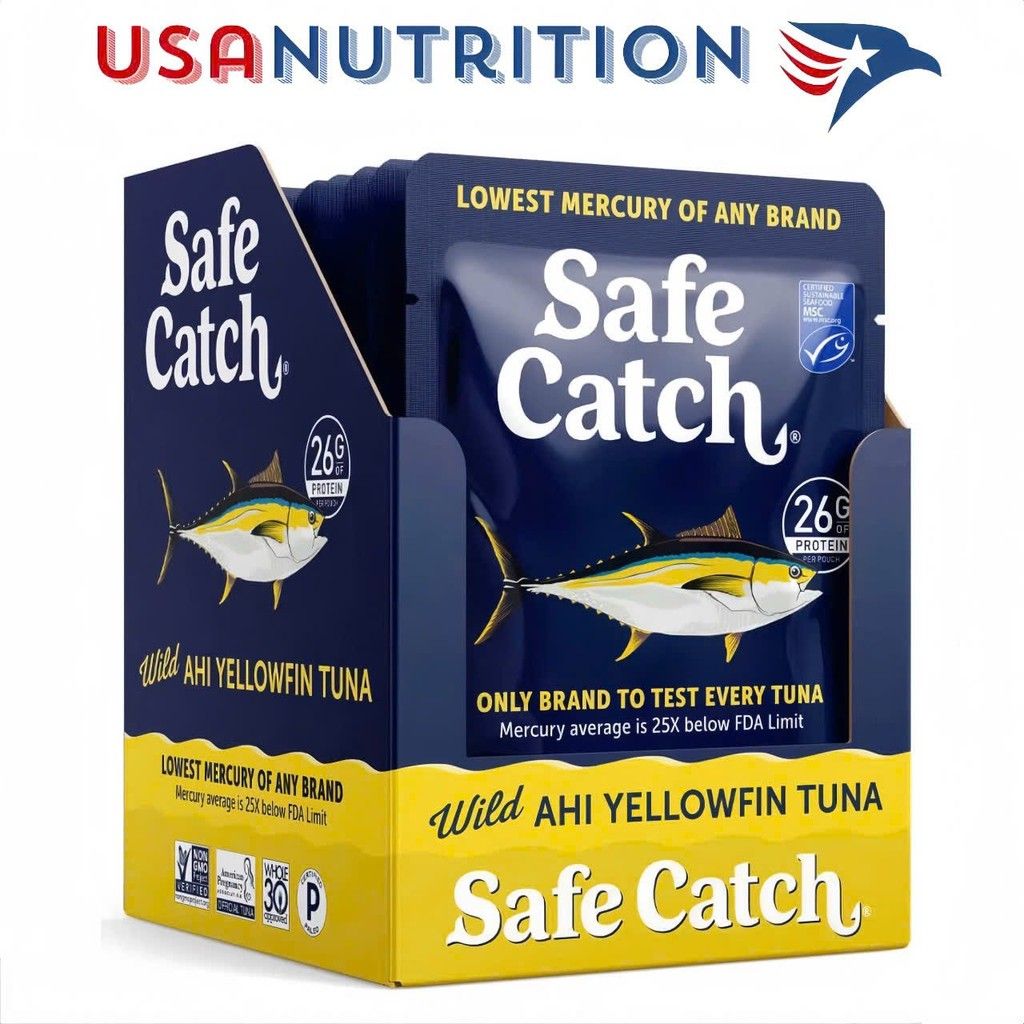 Cá ngừ vây vàng thủy ngân thấp Wild Ahi Yellowfin Tuna: Safe Catch hộp 12 gói