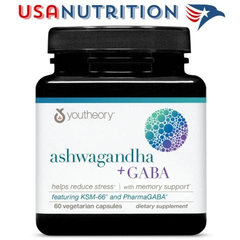 [CHÍNH HÃNG WEB] 1000mg KSM-66 Ashwagandha + 100mg GABA & Ginger 60 viên : Youtheory 
