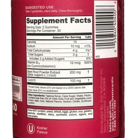  Beets Cardio Gummies Goli 60 viên : Kẹo dẻo củ dền hỗ trợ sức khỏe tim mạch 