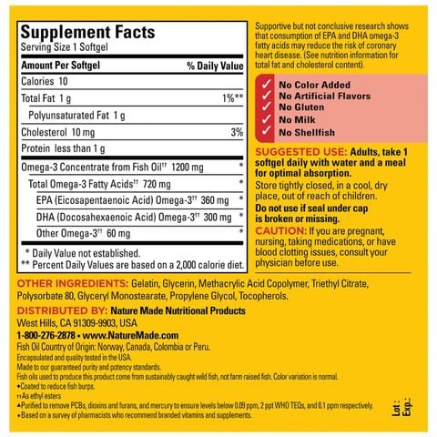  [Chính hãng web] Burp-Less Omega-3 1200mg 120 viên Nature Made : Dầu cá cô đặc, không ợ hơi 
