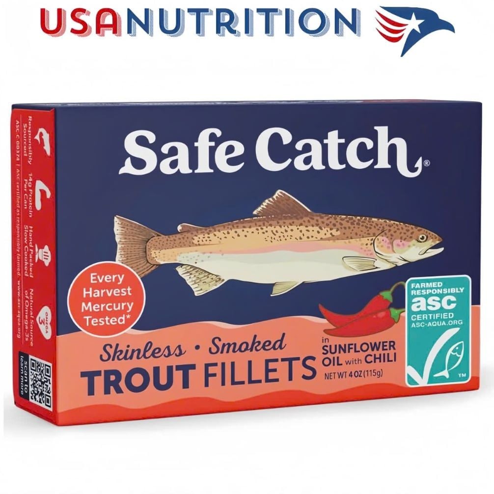 Cá hồi phi lê hun khói Smoked Trout Fillets: Safe Catch 1 hộp lẻ 115g