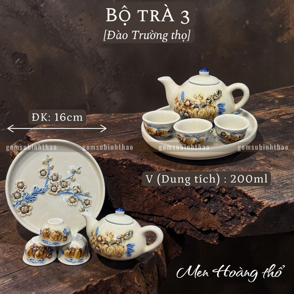  Bộ trà cúng Men hoàng thổ Đắp nổi Cao cấp - Gốm Nghệ nhân Bát Tràng 