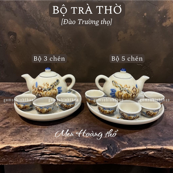  Bộ trà cúng Men hoàng thổ Đắp nổi Cao cấp - Gốm Nghệ nhân Bát Tràng 