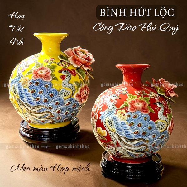  Bình hút lộc Công Đào Phú Quý gốm sứ Bát Tràng cao cấp Men màu Hợp mệnh 