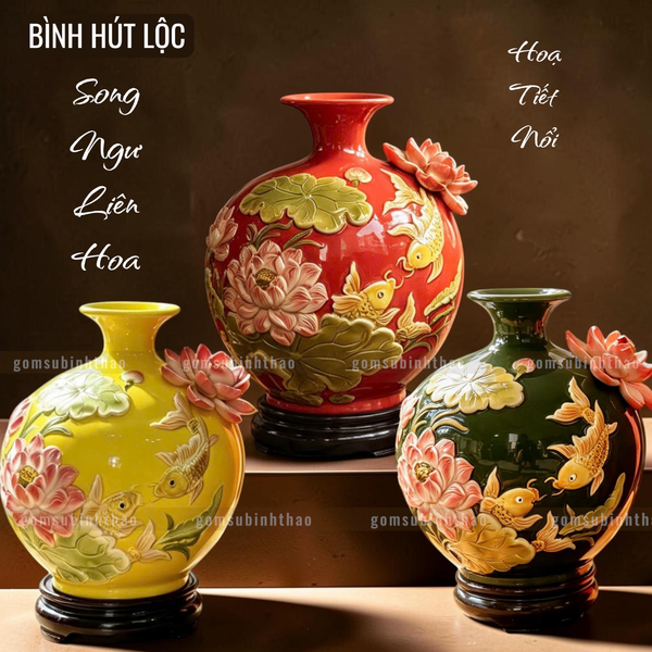  Bình hút lộc Song Ngư Liên Hoa gốm sứ Bát Tràng cao cấp Men màu Hợp mệnh 