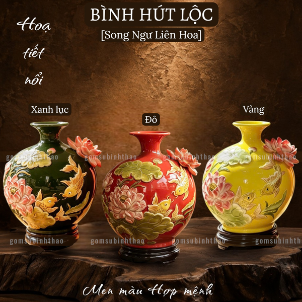  Bình hút lộc Song Ngư Liên Hoa gốm sứ Bát Tràng cao cấp Men màu Hợp mệnh 