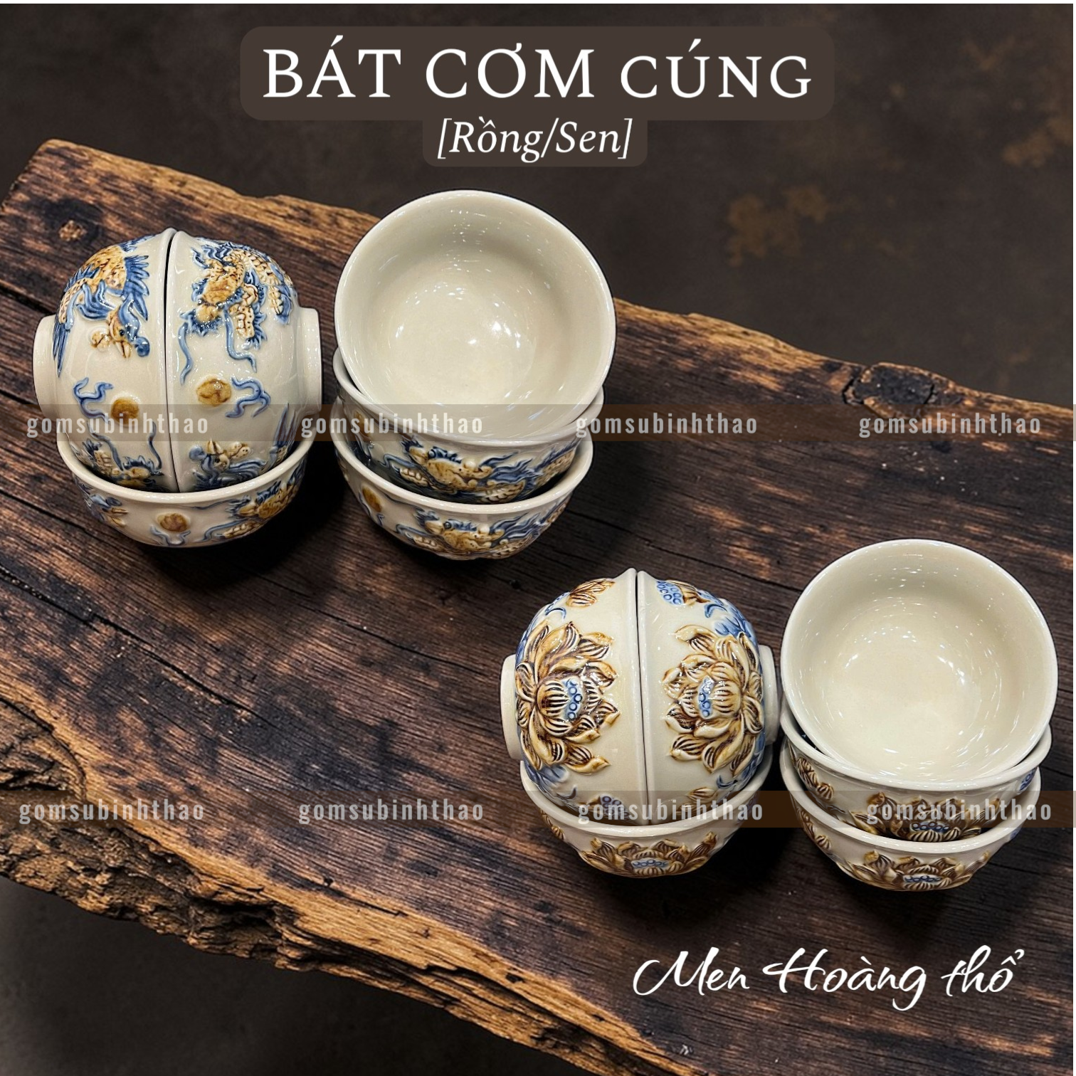  Bộ đồ thờ 3 Bát hương Gốm sứ Bát Tràng Men Hoàng thổ Đắp nổi - Hàng chuẩn Nghệ nhân HTBT05 