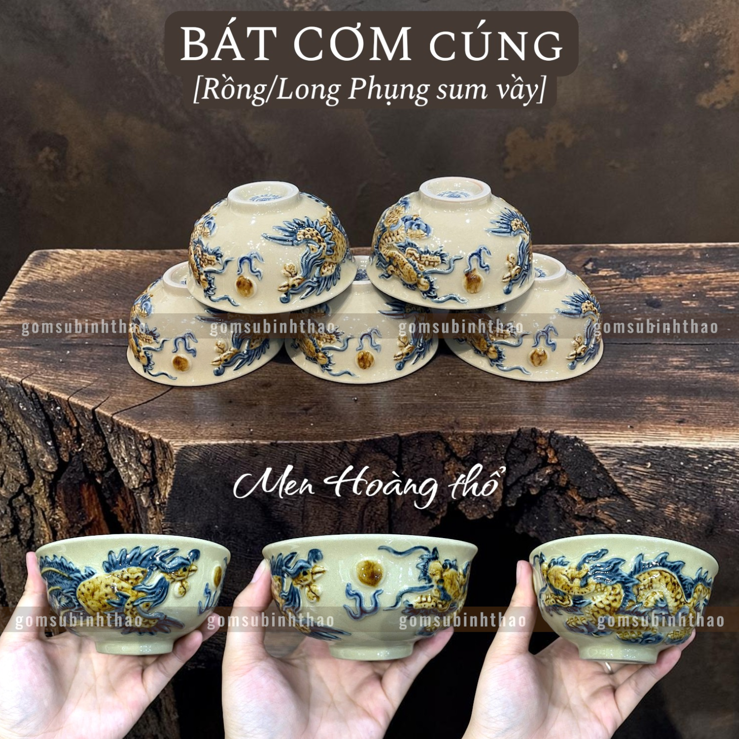  Bộ đồ thờ 1 Bát hương Gốm sứ Bát Tràng Men Hoàng thổ Đắp nổi - Hàng chuẩn Nghệ nhân HTBT07 