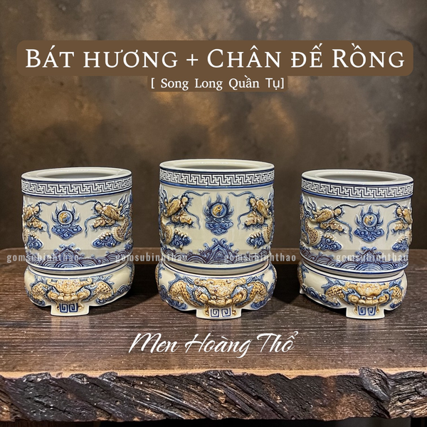  Bộ đồ thờ 1 Bát hương Gốm sứ Bát Tràng Men Hoàng thổ Đắp nổi - Hàng chuẩn Nghệ nhân HTBT07 