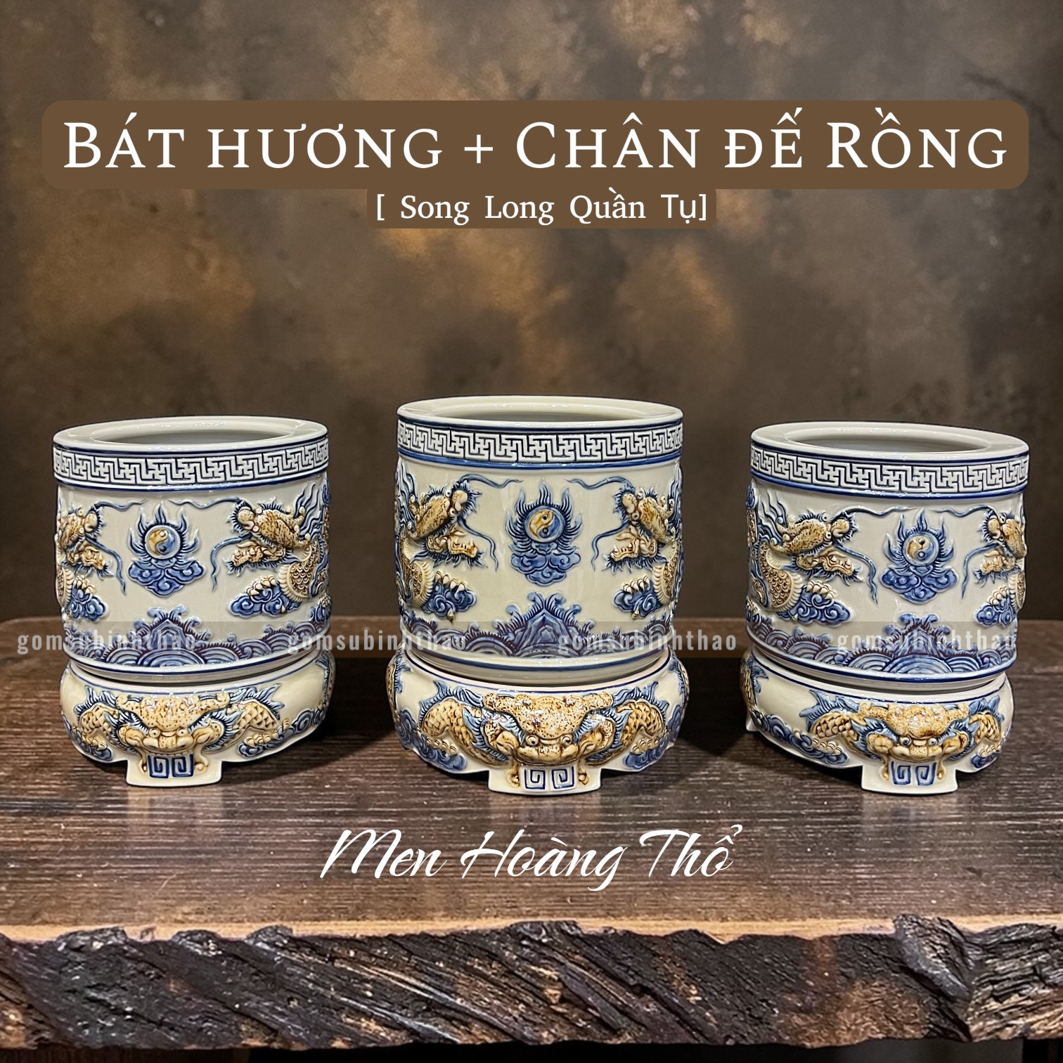  Bát hương Rồng Men hoàng thổ Đắp nổi Cao cấp - Gốm Nghệ nhân Bát Tràng 