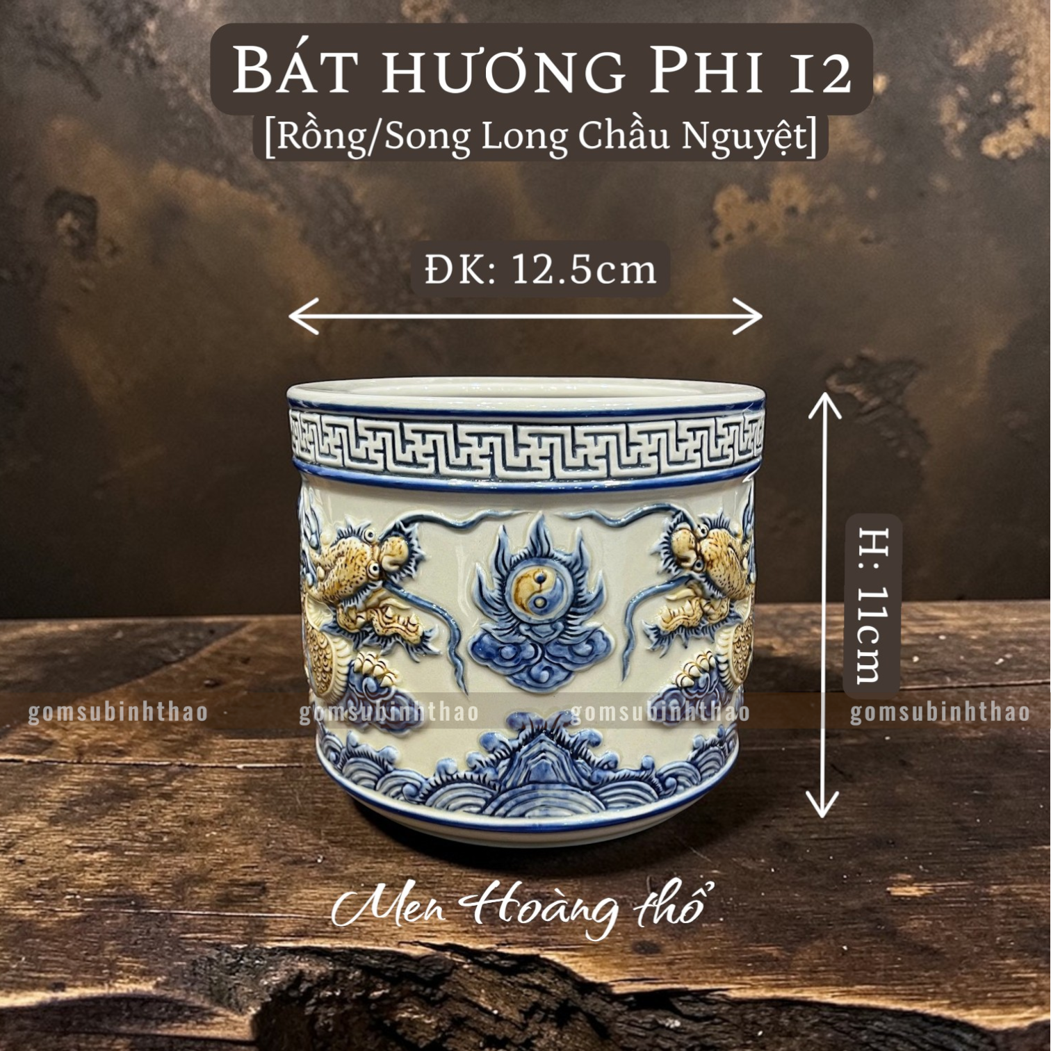  Bát hương Rồng Men hoàng thổ Đắp nổi Cao cấp - Gốm Nghệ nhân Bát Tràng 