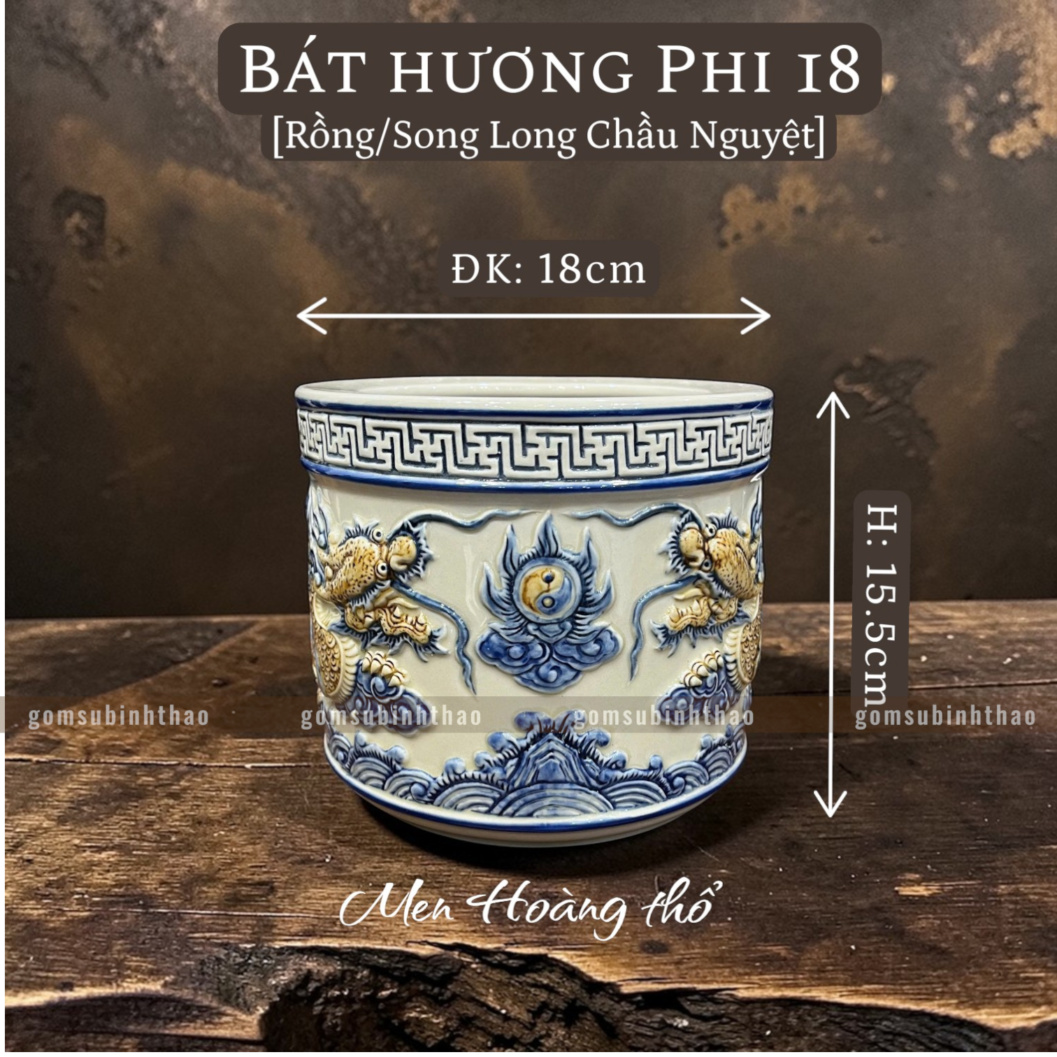  Bát hương Rồng Men hoàng thổ Đắp nổi Cao cấp - Gốm Nghệ nhân Bát Tràng 