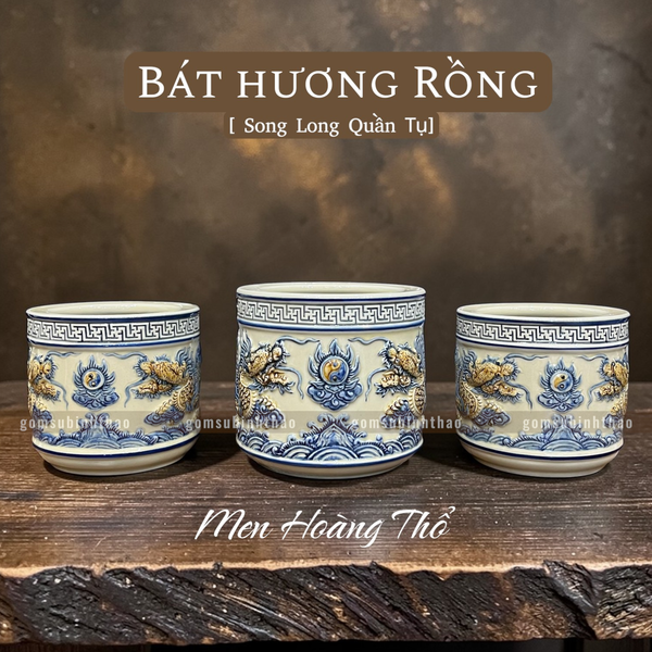  Bát hương Rồng Men hoàng thổ Đắp nổi Cao cấp - Gốm Nghệ nhân Bát Tràng 