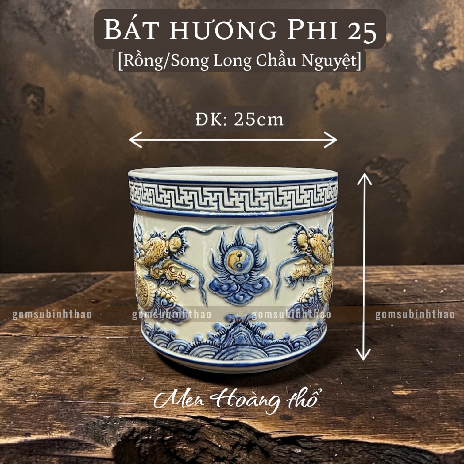  Bát hương Rồng Men hoàng thổ Đắp nổi Cao cấp - Gốm Nghệ nhân Bát Tràng 