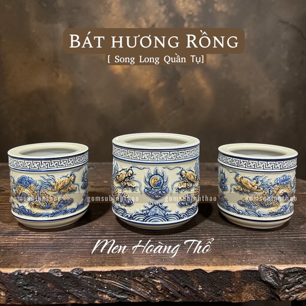  Bát hương Rồng Men hoàng thổ Đắp nổi Cao cấp - Gốm Nghệ nhân Bát Tràng 