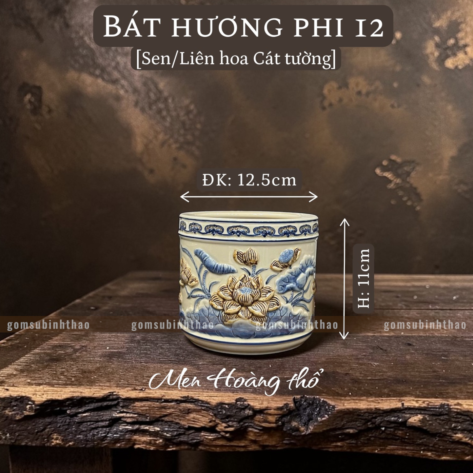  Bát hương Sen Men hoàng thổ Đắp nổi Cao cấp - Gốm Nghệ nhân Bát Tràng 