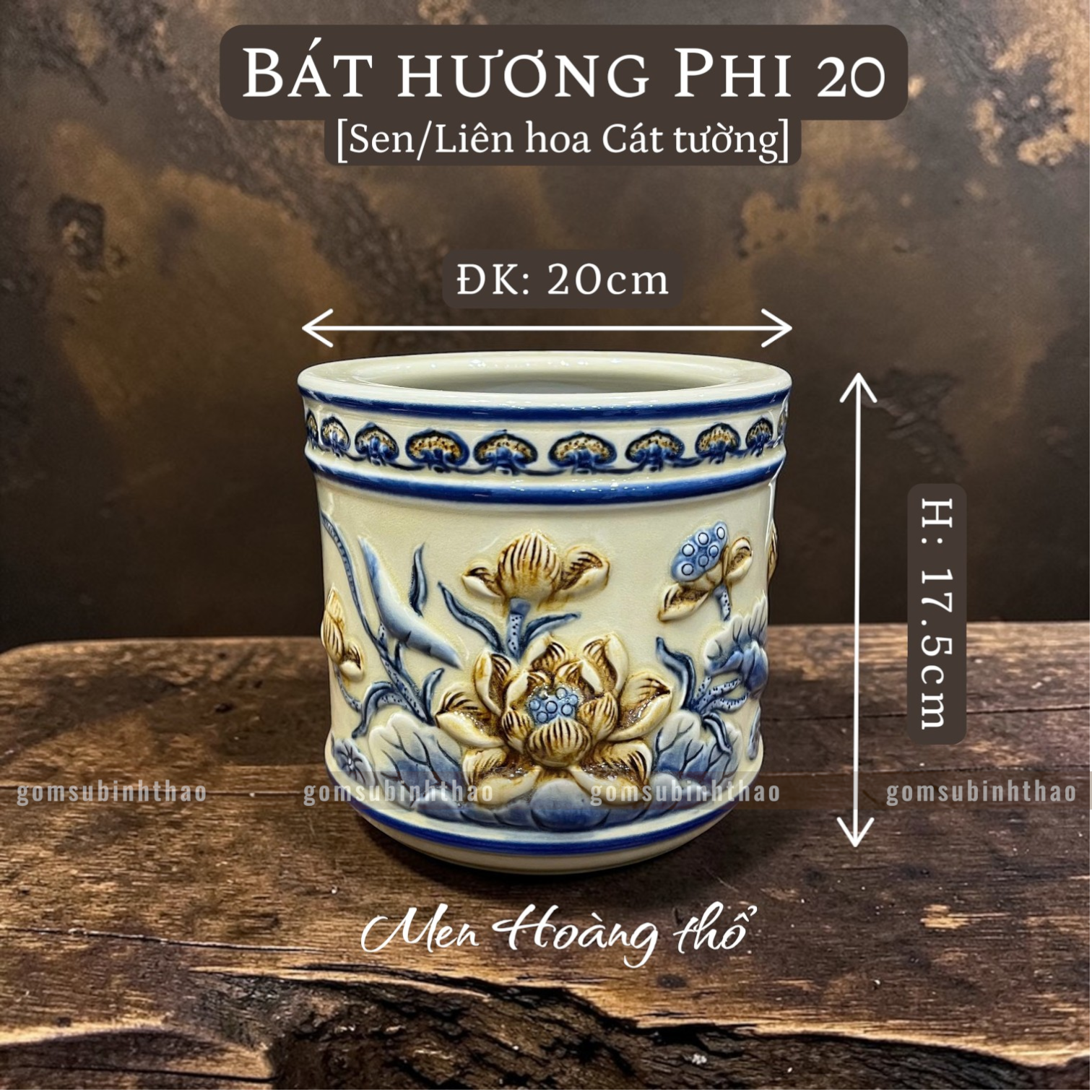  Bát hương Sen Men hoàng thổ Đắp nổi Cao cấp - Gốm Nghệ nhân Bát Tràng 