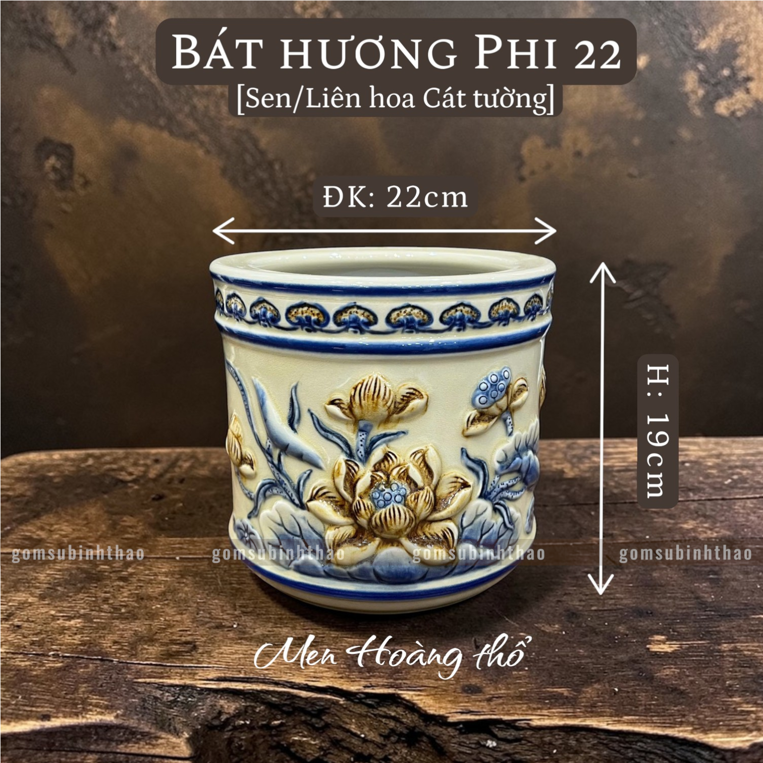  Bát hương Sen Men hoàng thổ Đắp nổi Cao cấp - Gốm Nghệ nhân Bát Tràng 
