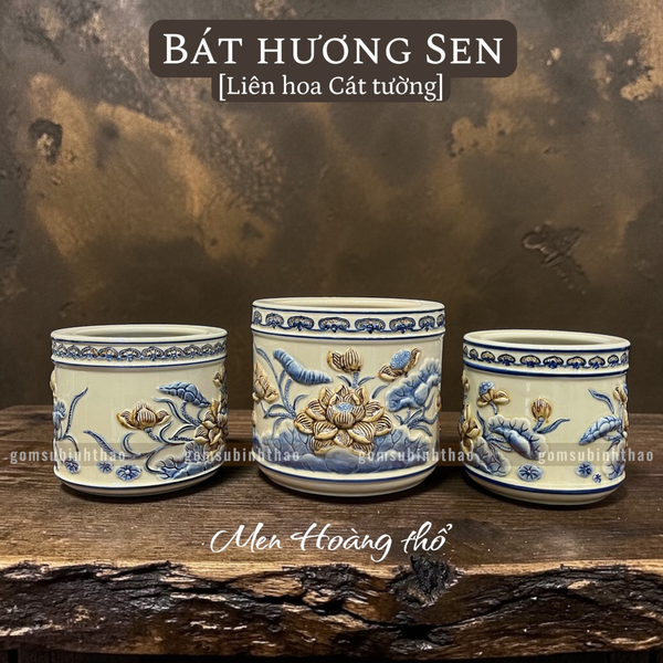  Bát hương Sen Men hoàng thổ Đắp nổi Cao cấp - Gốm Nghệ nhân Bát Tràng 