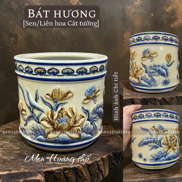  Bát hương Sen Men hoàng thổ Đắp nổi Cao cấp - Gốm Nghệ nhân Bát Tràng 