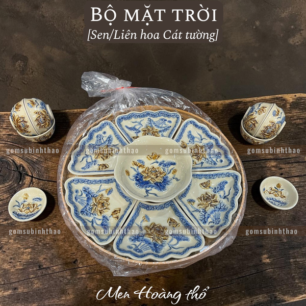  Bộ mặt trời Men hoàng thổ Đắp nổi Cao cấp - Gốm Nghệ nhân Bát Tràng 
