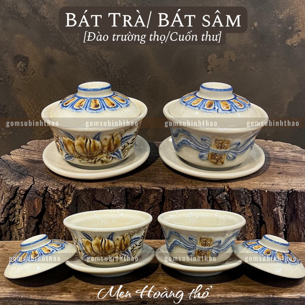  Bát trà sâm Cuốn thư Men hoàng thổ Đắp nổi Cao cấp - Gốm Nghệ nhân Bát Tràng 