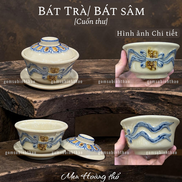  Bát trà sâm Cuốn thư Men hoàng thổ Đắp nổi Cao cấp - Gốm Nghệ nhân Bát Tràng 