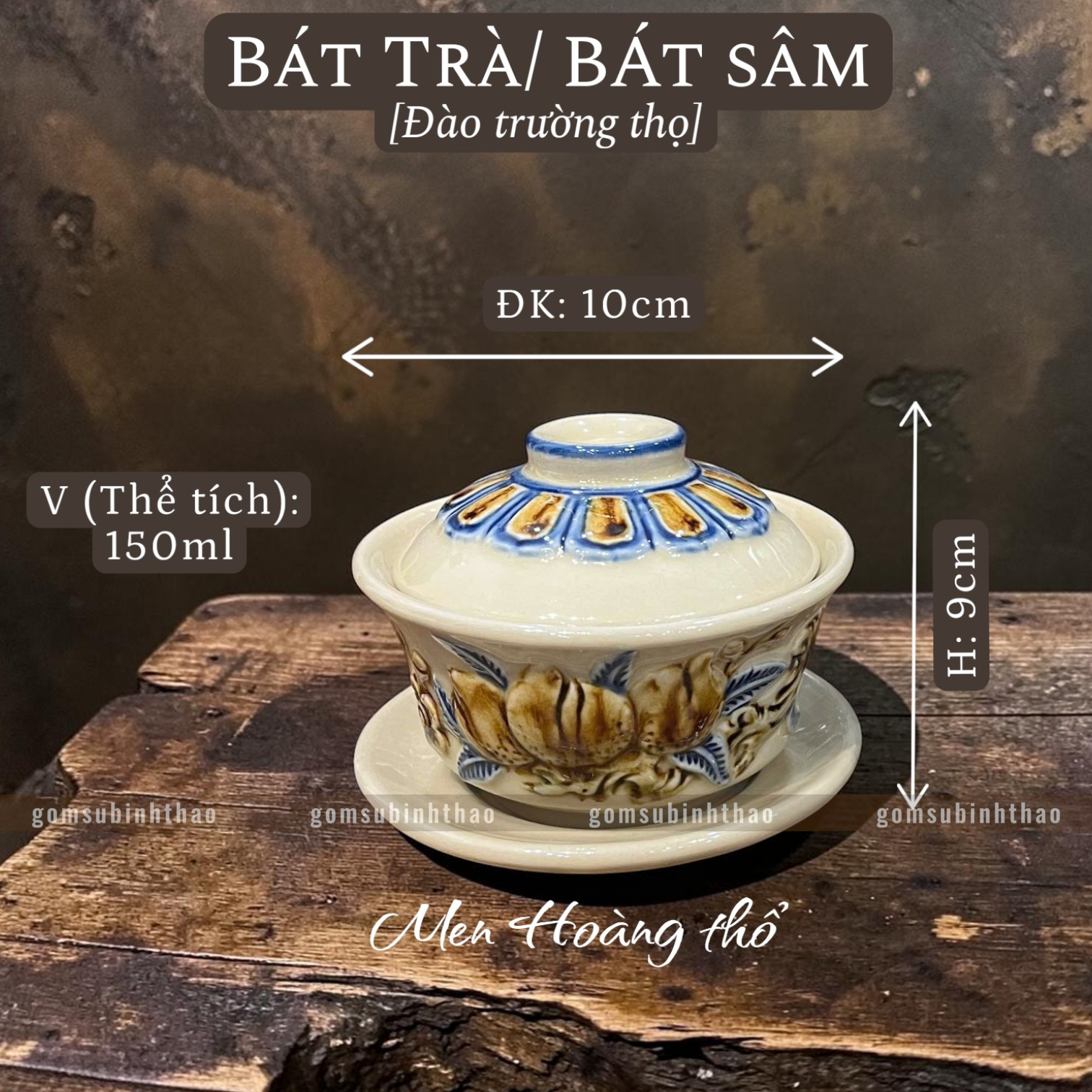  Bát trà sâm Cuốn thư Men hoàng thổ Đắp nổi Cao cấp - Gốm Nghệ nhân Bát Tràng 