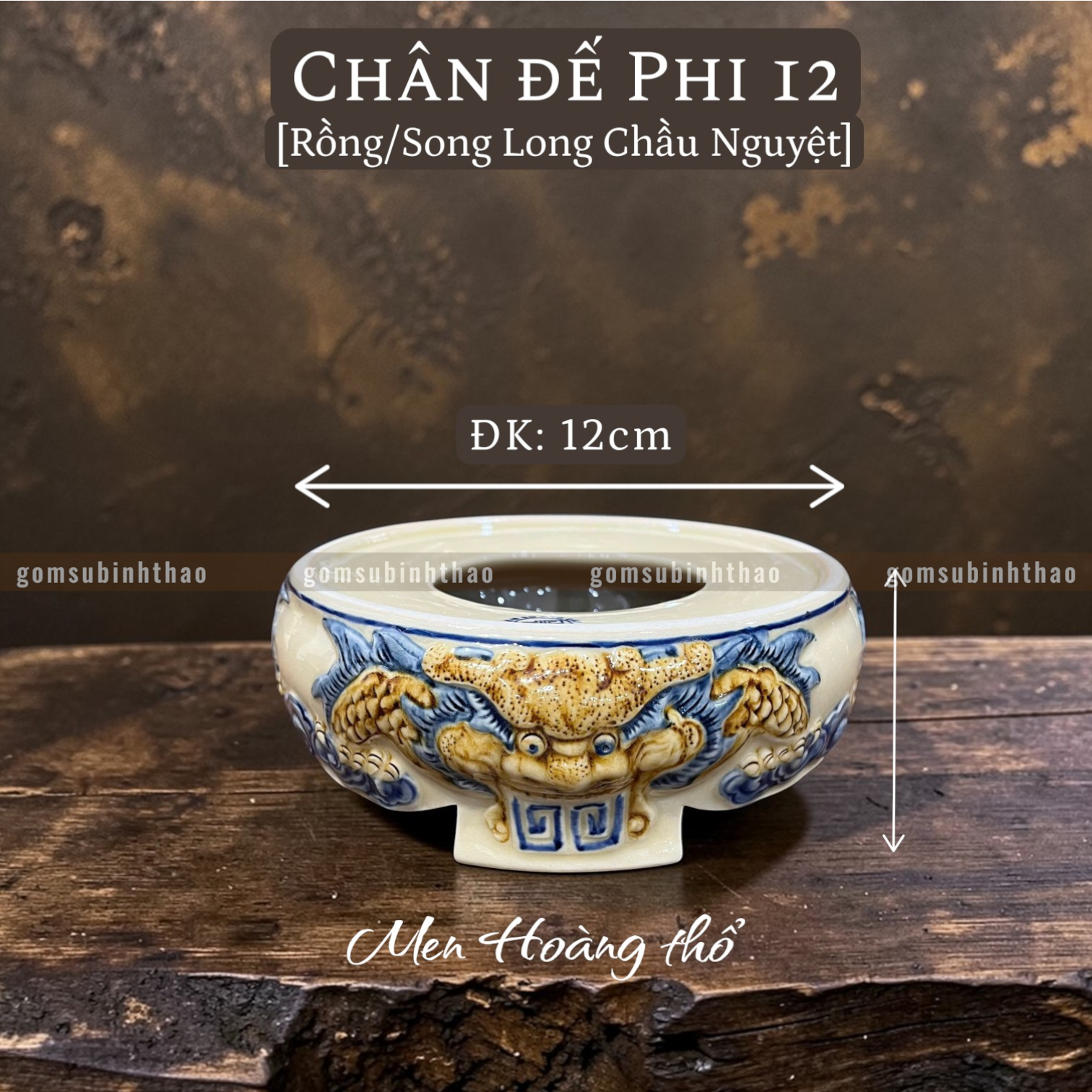  Chân đế Bát hương Rồng Men hoàng thổ Đắp nổi Cao cấp - Gốm Nghệ nhân Bát Tràng 