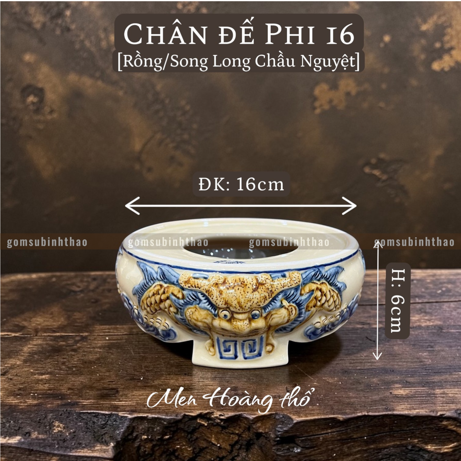  Chân đế Bát hương Rồng Men hoàng thổ Đắp nổi Cao cấp - Gốm Nghệ nhân Bát Tràng 