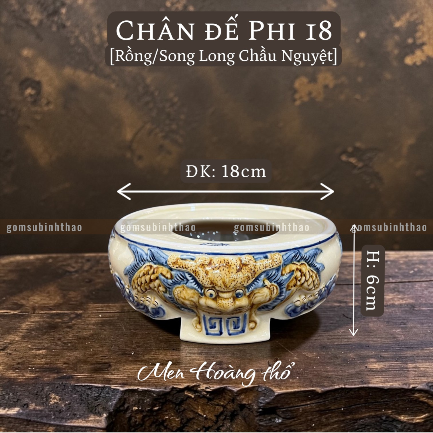  Chân đế Bát hương Rồng Men hoàng thổ Đắp nổi Cao cấp - Gốm Nghệ nhân Bát Tràng 