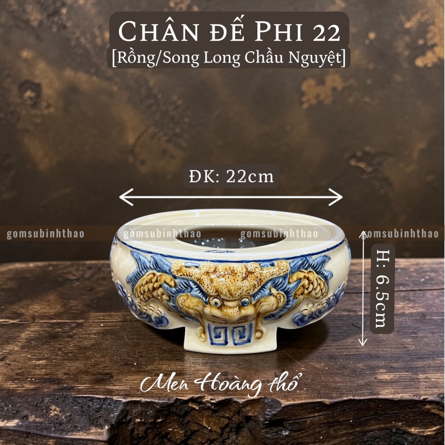  Chân đế Bát hương Rồng Men hoàng thổ Đắp nổi Cao cấp - Gốm Nghệ nhân Bát Tràng 