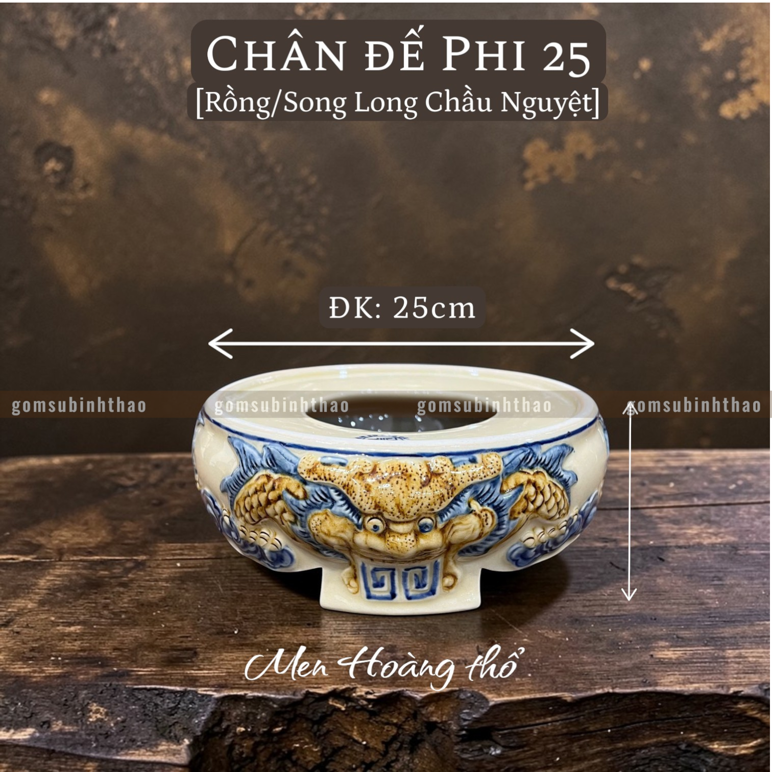  Chân đế Bát hương Rồng Men hoàng thổ Đắp nổi Cao cấp - Gốm Nghệ nhân Bát Tràng 