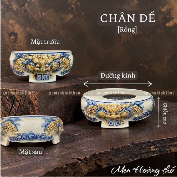  Chân đế Bát hương Rồng Men hoàng thổ Đắp nổi Cao cấp - Gốm Nghệ nhân Bát Tràng 