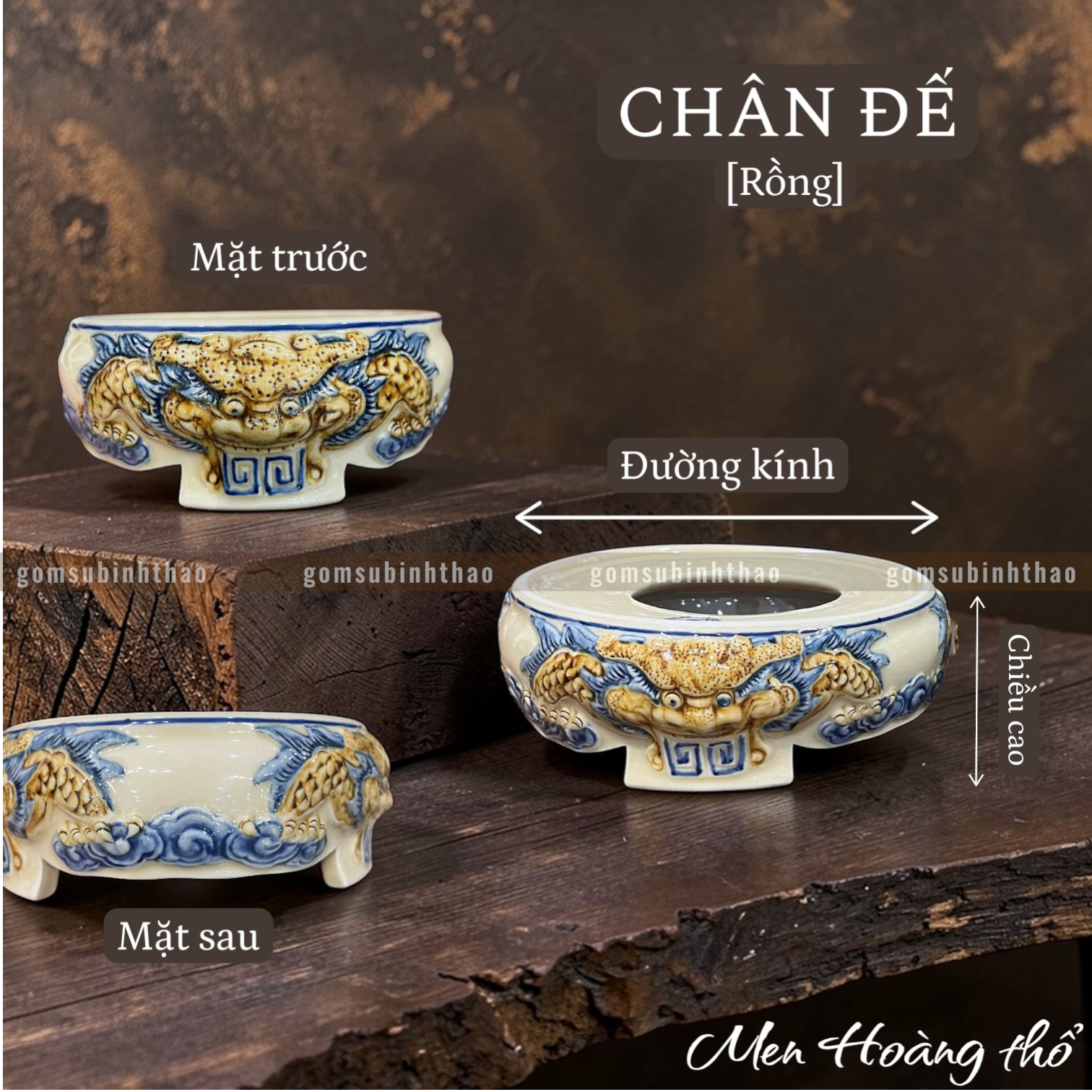  Chân đế Bát hương Rồng Men hoàng thổ Đắp nổi Cao cấp - Gốm Nghệ nhân Bát Tràng 