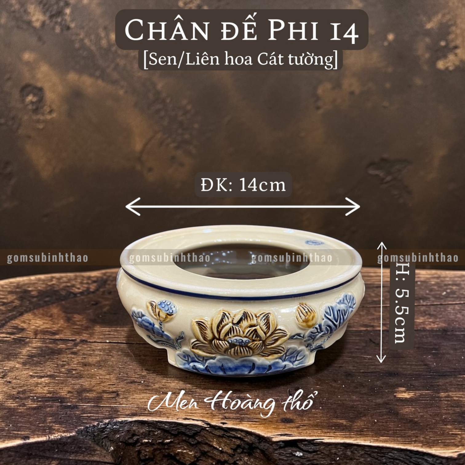  Chân đế Bát hương Sen Men hoàng thổ Đắp nổi Cao cấp - Gốm Nghệ nhân Bát Tràng 
