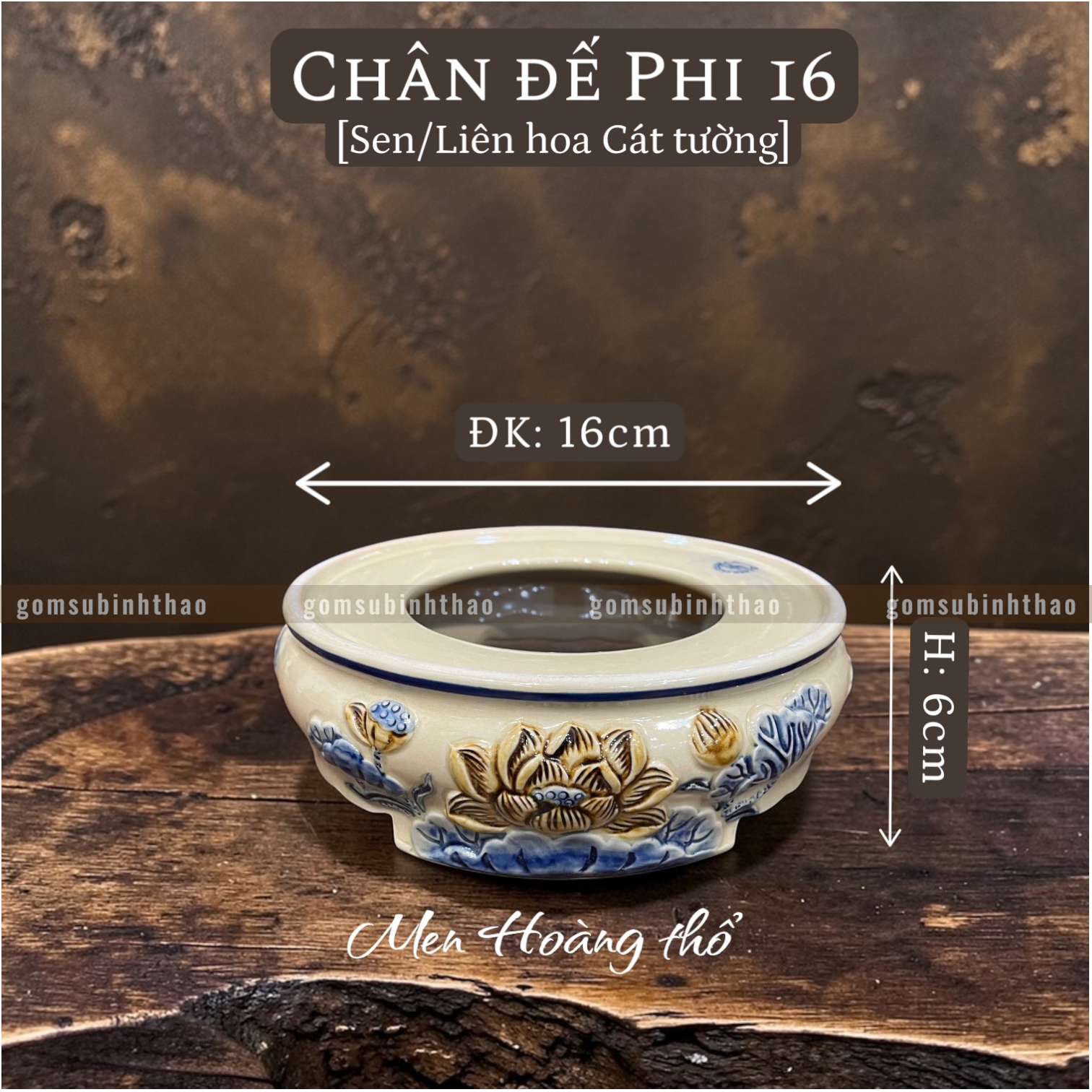  Chân đế Bát hương Sen Men hoàng thổ Đắp nổi Cao cấp - Gốm Nghệ nhân Bát Tràng 