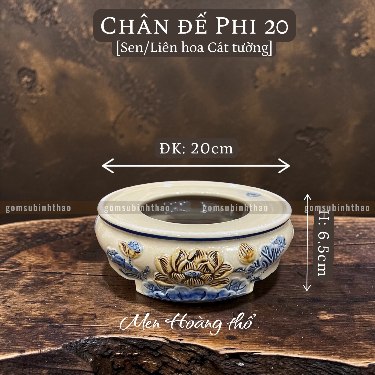 Chân đế Bát hương Sen Men hoàng thổ Đắp nổi Cao cấp - Gốm Nghệ nhân Bát Tràng 