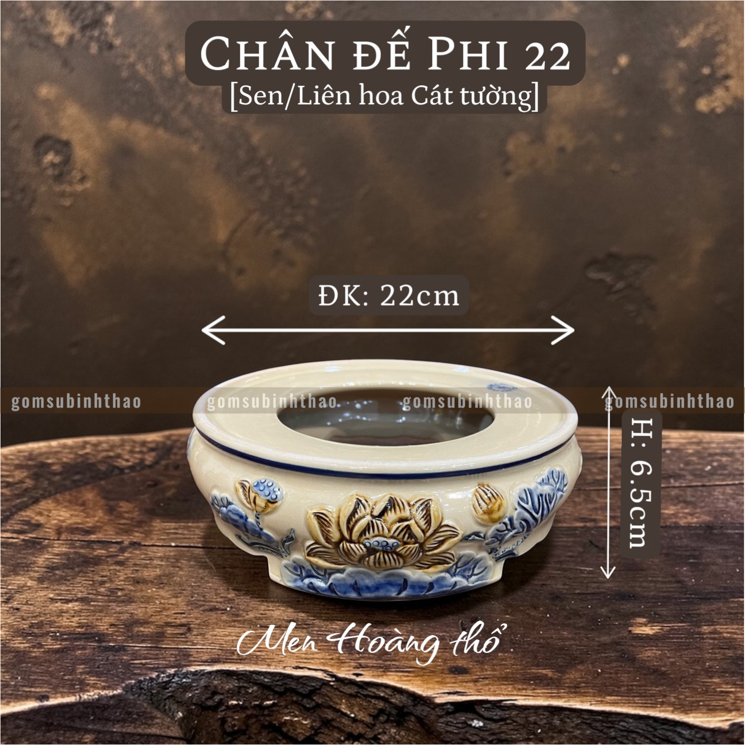  Chân đế Bát hương Sen Men hoàng thổ Đắp nổi Cao cấp - Gốm Nghệ nhân Bát Tràng 