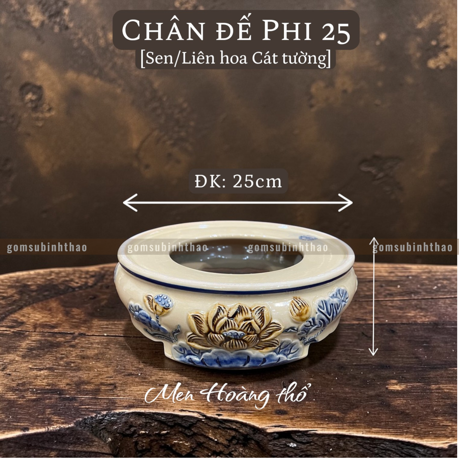  Chân đế Bát hương Sen Men hoàng thổ Đắp nổi Cao cấp - Gốm Nghệ nhân Bát Tràng 