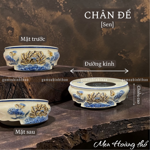  Chân đế Bát hương Sen Men hoàng thổ Đắp nổi Cao cấp - Gốm Nghệ nhân Bát Tràng 