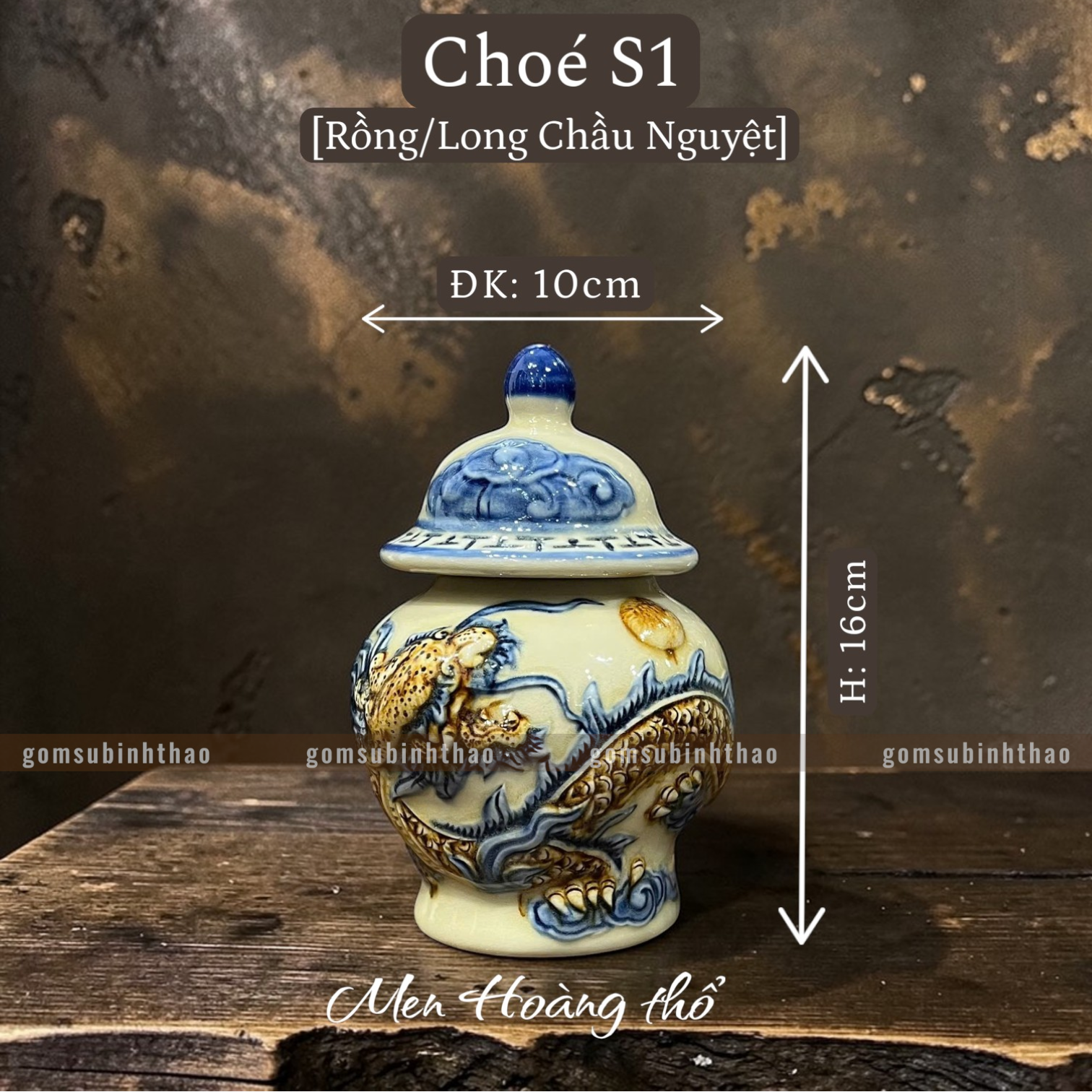  Chóe thờ Rồng Men hoàng thổ Đắp nổi Cao cấp - Gốm Nghệ nhân Bát Tràng 