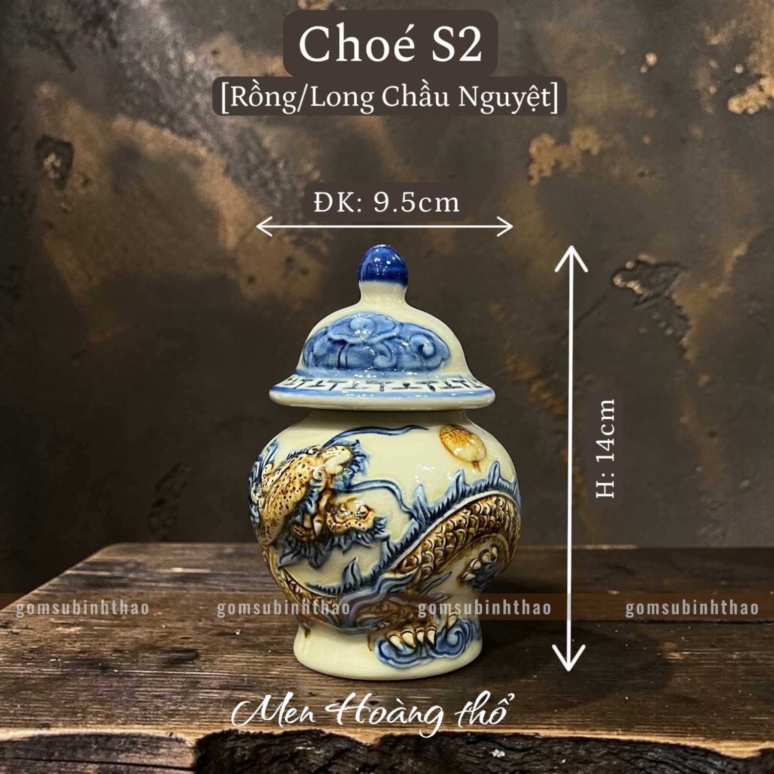  Chóe thờ Rồng Men hoàng thổ Đắp nổi Cao cấp - Gốm Nghệ nhân Bát Tràng 